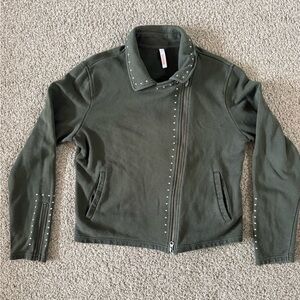 SUN68 Olive Studded Moto Zip Jacket size XL 100% Cotton Asymmetrical Zip